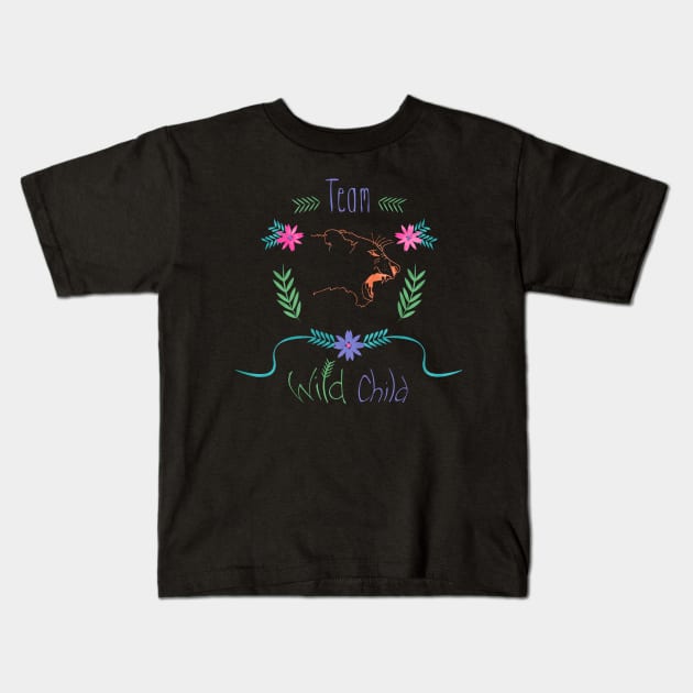 Wild Child Lioness Shield Floral Crest Kids T-Shirt by so_celia